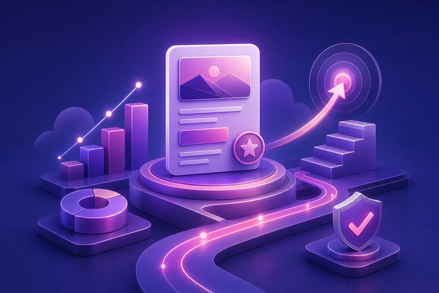 Abstract insight illustration with a featured report card, growth path, and trust signal