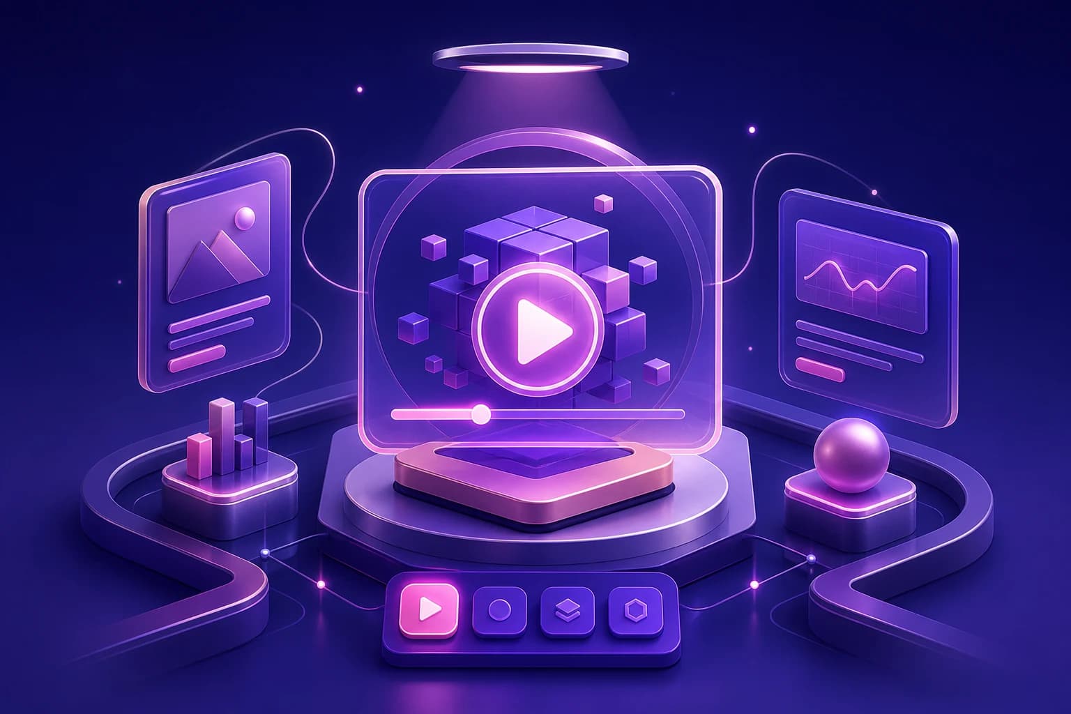 Abstract preview illustration with a glowing play interface and layered display panels