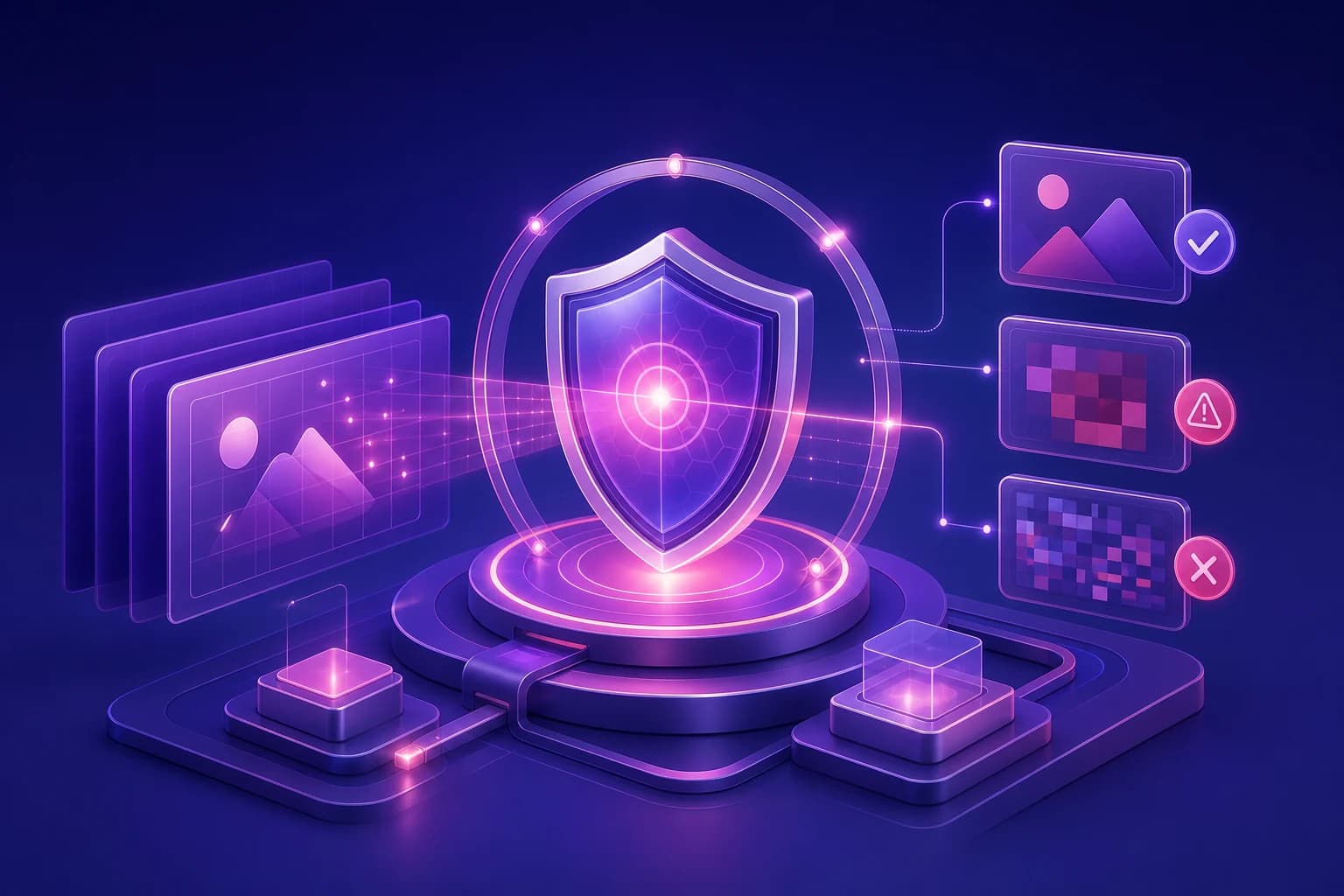 Abstract safety scanning illustration with a glowing shield reviewing visual content panels