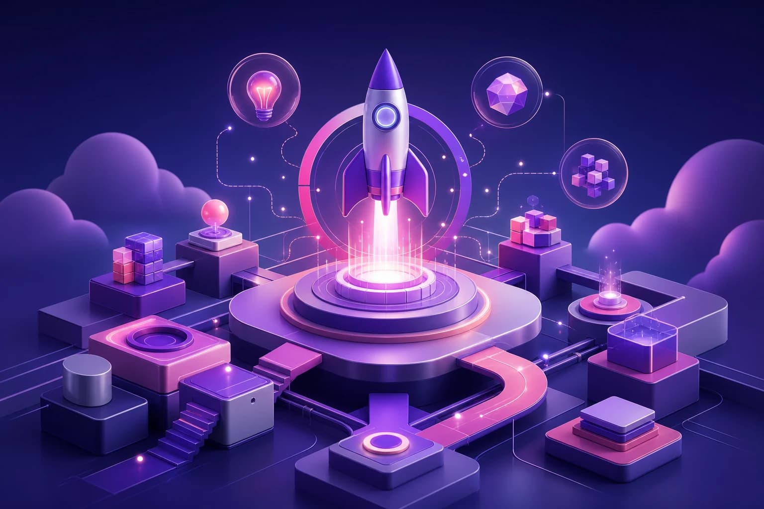 Abstract launch-themed illustration with a glowing rocket platform and modular collaboration elements